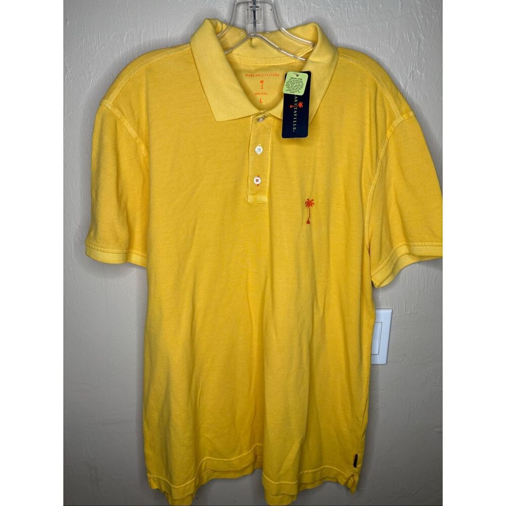 NWT Margaritaville Men's Polo Shirt Gold Yellow Embroidered Palm Tree Pique 100%